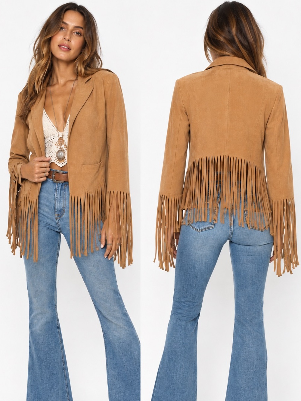 VAKKO Sport Faux Suede Fringe Jacket L Camel Western Cowgirl Boho Rodeo Festival